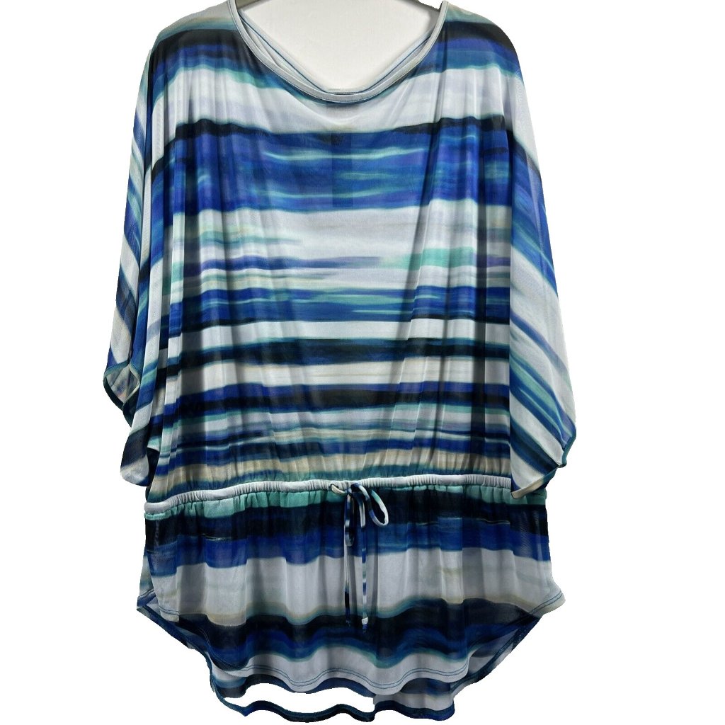 Chicos Travelers Sheer Blouse Tunic Large Pullover Colorful Beach Watercolors